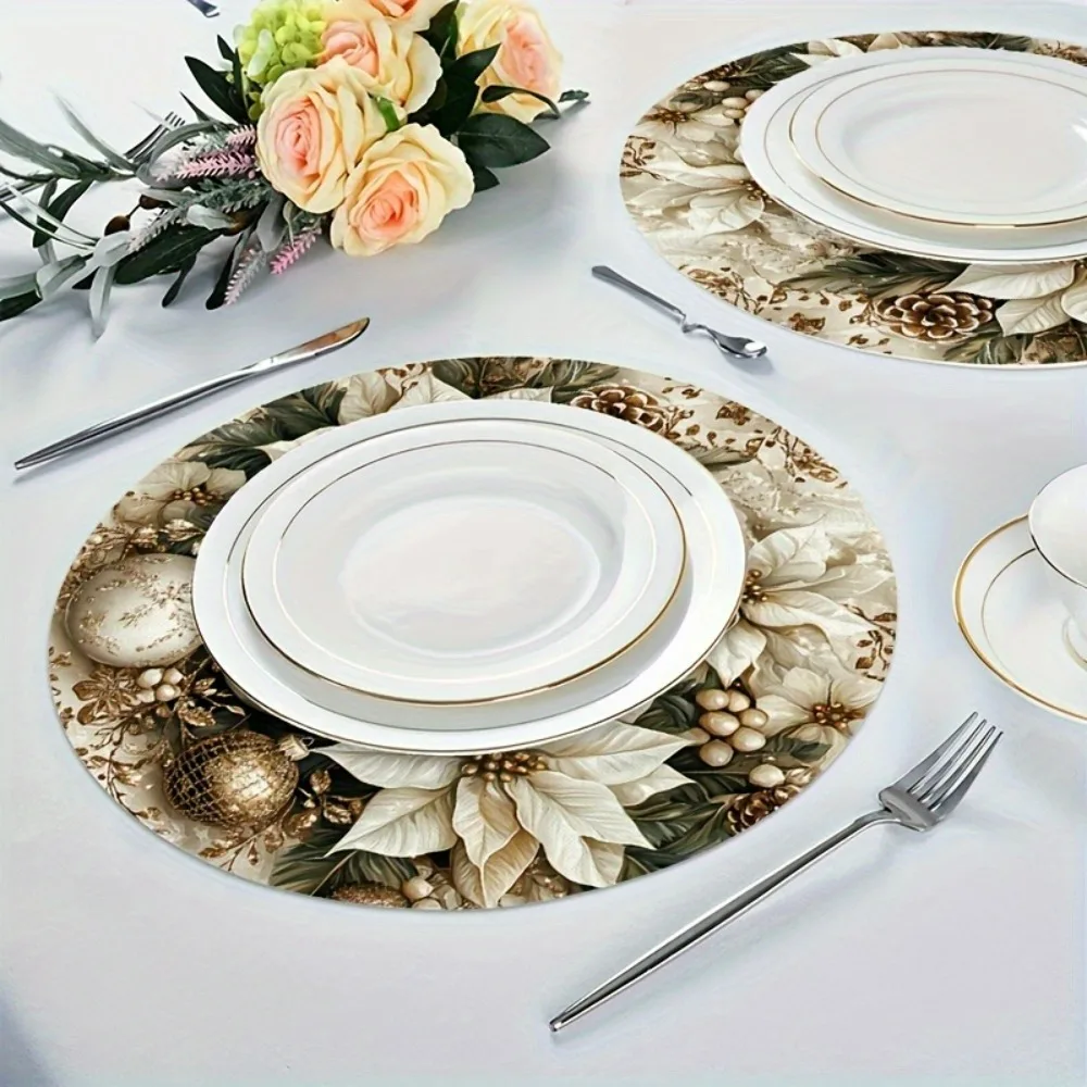 2/4/6/8Pcs Gold Christmas Candle Pattern Round Placemats Merry Christmas Decorative Table Mats Non-Slip Fabric Table Mats Dry Cleanable Suitable for Holiday Decorations for Dining and Parties