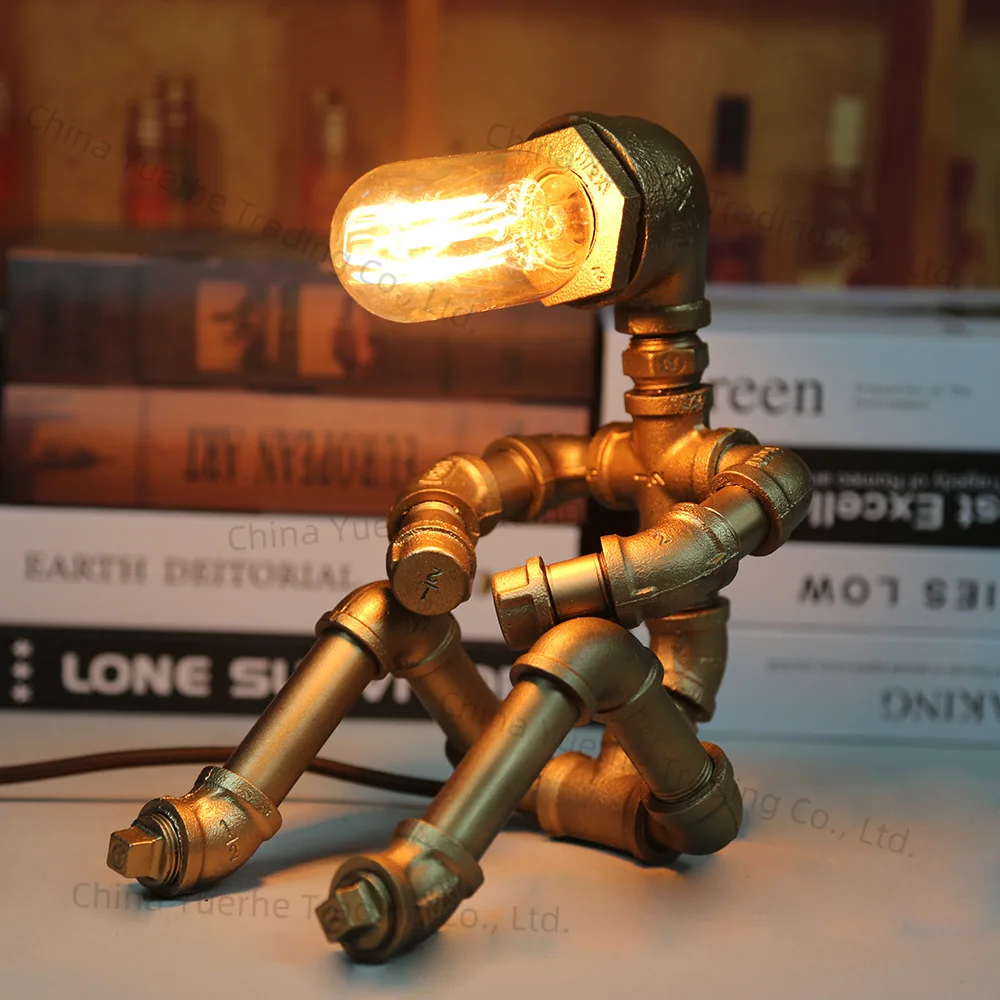 

American retro water pipe lamp, punk robot creative small table lamp, bar study creative small table lamp