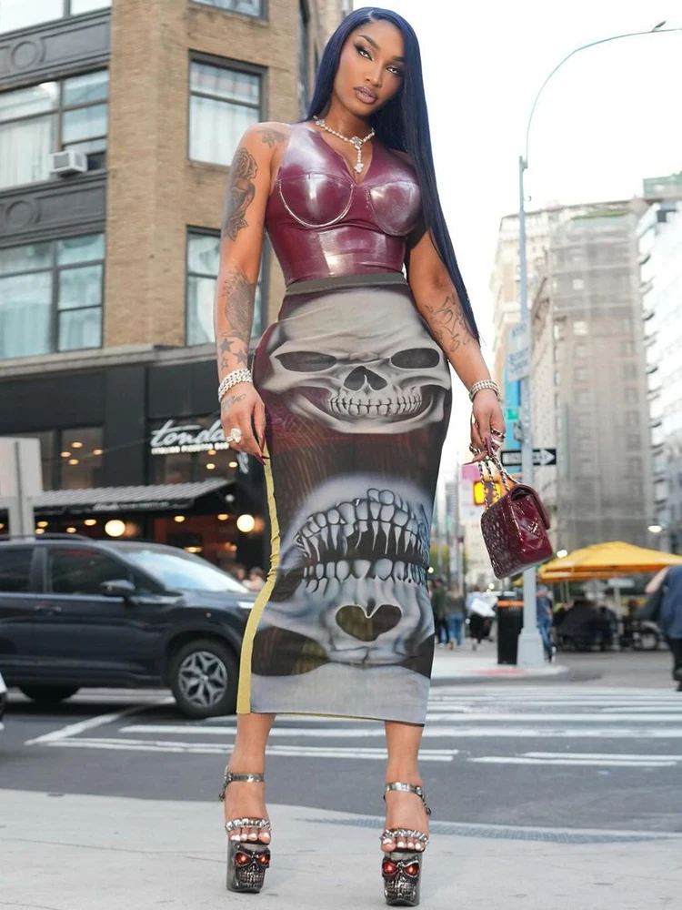 

Macheda Skulls Print Skirts Women 2025 Summer Trend Sexy See Through Skinny Stretch Wild Vacation Fashion Classic Long Skirts