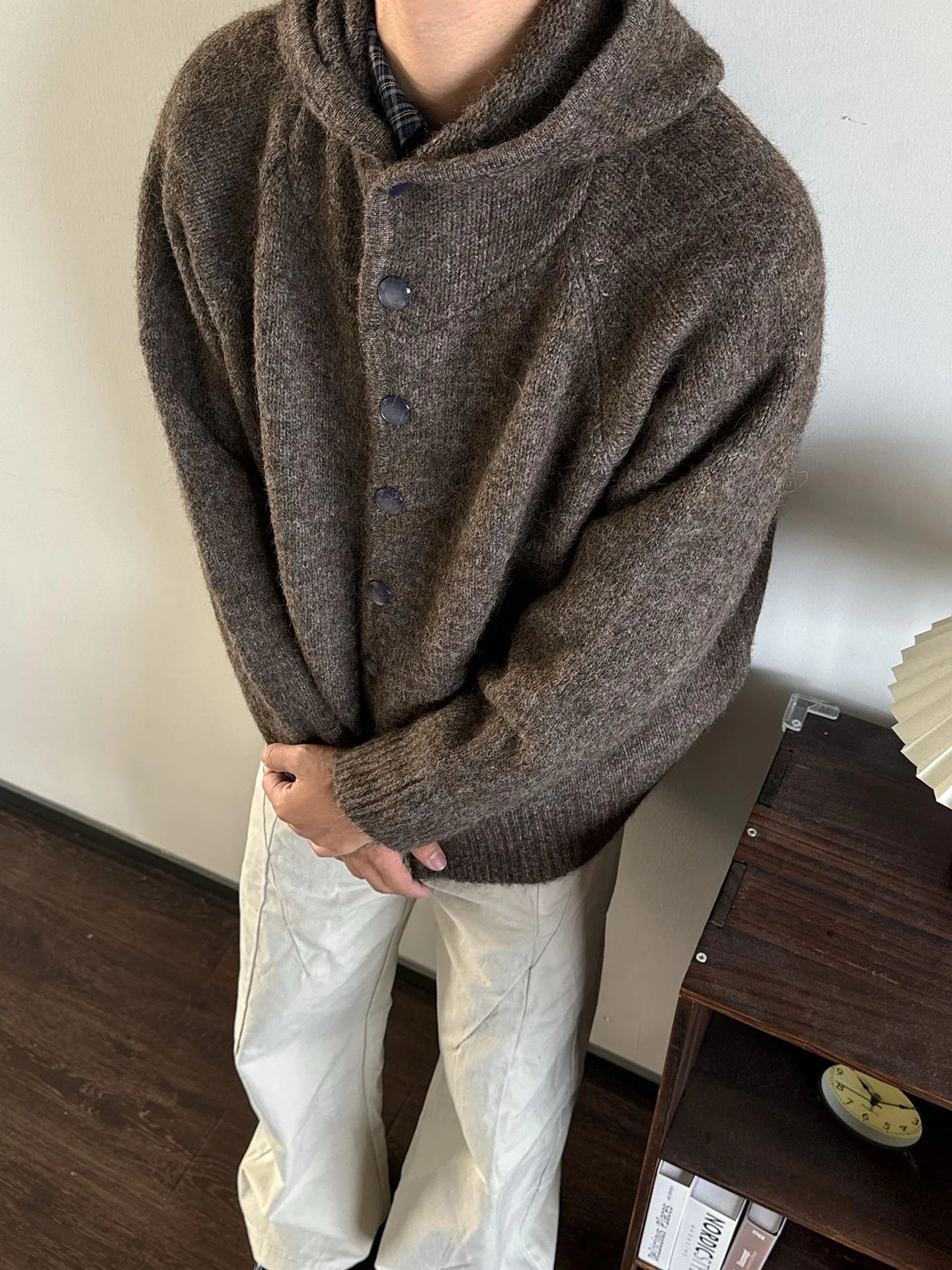 

Retro American Hooded Button Sweater Men's Women's Loose Lazy ort Knitted Coat Casual Comfortable Polyester Fiber Autumn Wear