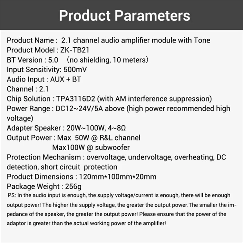 【Улюбимые покупки】ZK-TB21 Плата усилителя сабвуфера Bluetooth 5.0 50 Втx2 + 100 Вт 2,1-канальный аудио стерео бас-усилитель Поддержка модуля