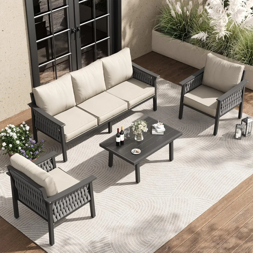 

Aluminum Outdoor Patio Furniture Set 4-Piece Sectional Sofa with Coffee Table, Thick Cushions for Porch Backyard Deck, Custom