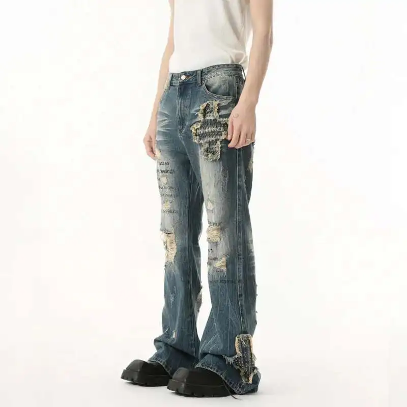 

High Street Men's Denim Pants Handmade Hole Patchwork Design Worn-out Letter Printing Niche Straight Leg Male Jeans