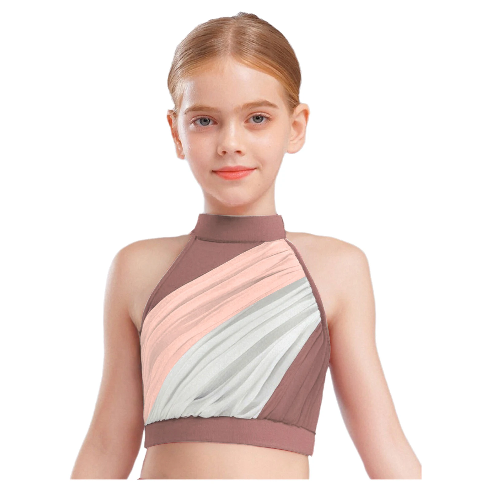 

Kids Girls Lyrical Modern Dance Costume Sleeveless Color Block Ruched Front Keyhole Back Crop Top for Ballet Latin Performance