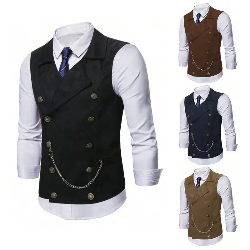 Men Vests Blazer Solid Double Breasted Vest Blazers Sleeveless V Neck Cardigan Spliced Slim Fit Buttons Pockets High Street