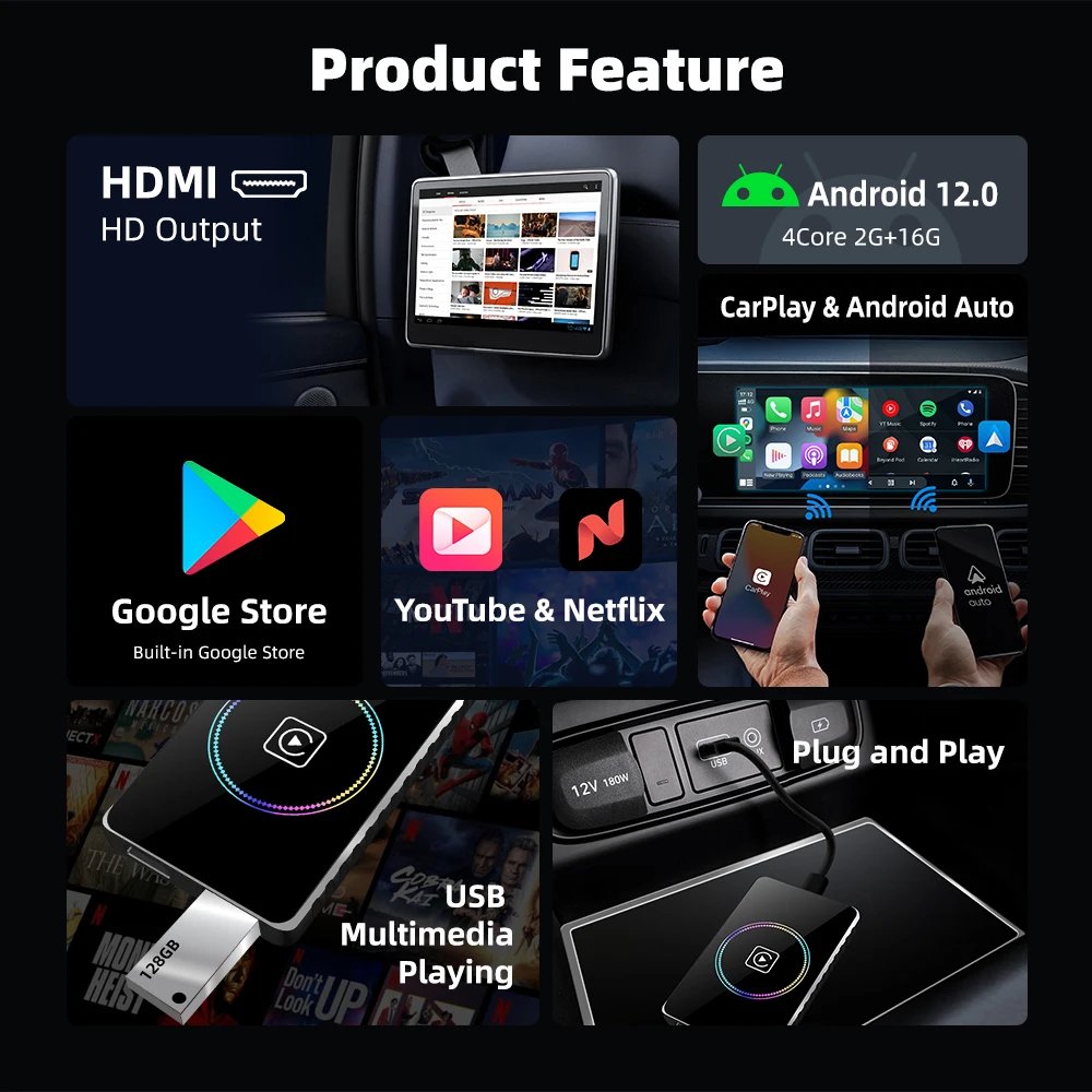 4in1 Smart Ai Box Android 12 Wireless Android Auto CarPlay HDMI For Youtube Nexflit TV Box Dual Wifi Channel With 2 Software