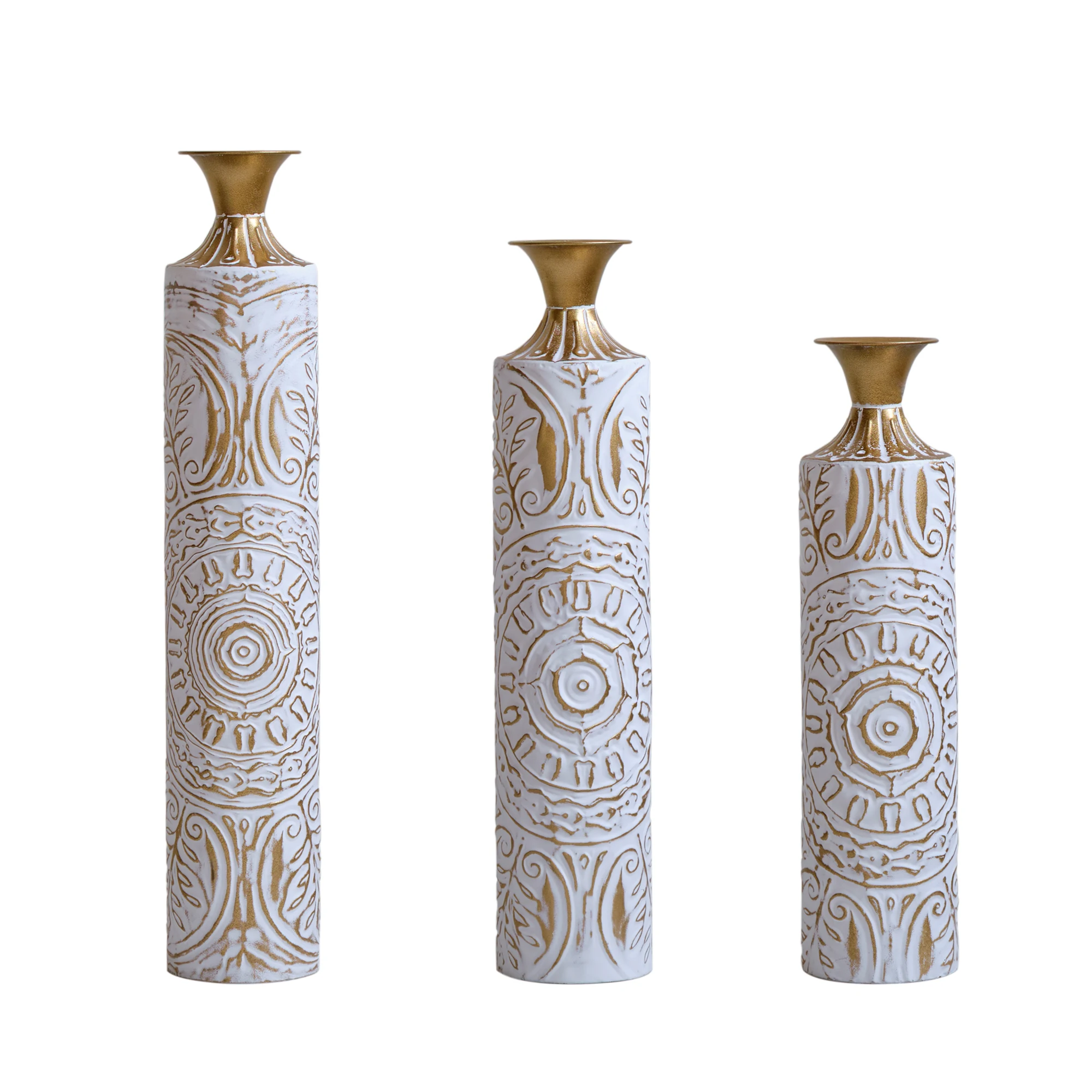 3-Piece Handcrafted Metal Floor Vase Set, Gold & White Embossed Tall Vases (24.61