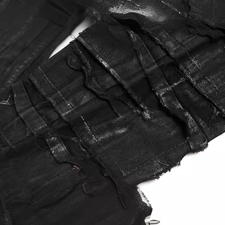 Dark Style RO High Street Denim Pants Men's Coating Brush Wax One Knife Cutting Erosion High Street Casual Ripped Jeans Pant