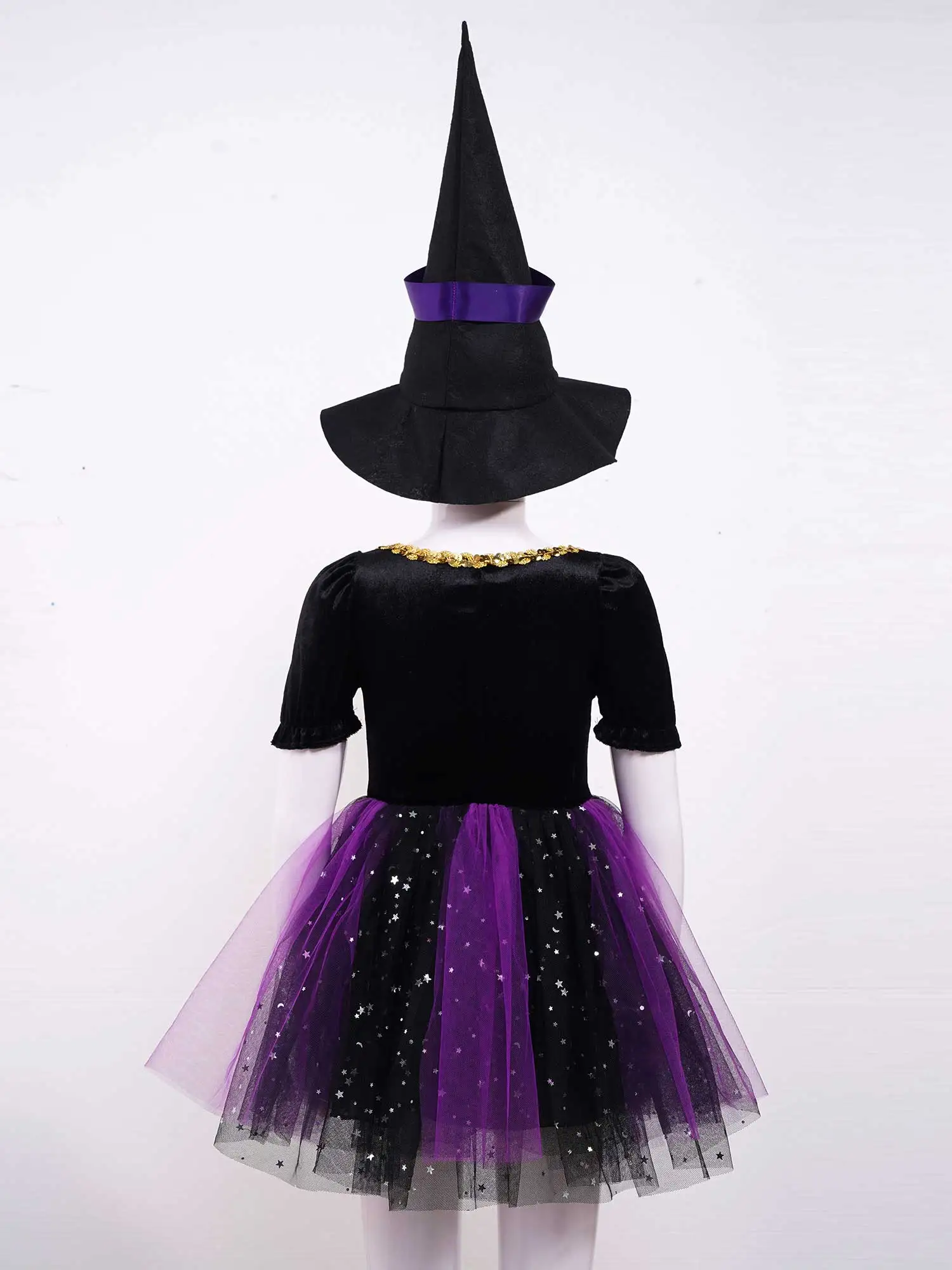 Children Girls Halloween Witch Princess Dress Glittery Mesh Tutu Dress with Pointed Hat for Carnival Party Dress Up Costumes