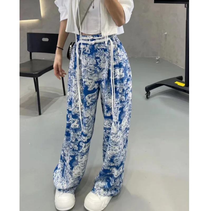 المرأة قيعان Vintage التعادل الأسود صبغ Pants غير رسمية عالية الخصر واسعة الساق السراويل المستقيمة موضة الشارع فضفاض واسع بنطلون السيدات #6