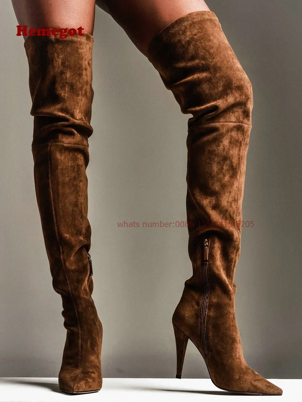 Grey Suede Over The Knee Boots Pointed Toe Side Zipper Elastic Socks Boots Thin Heels Winter Warm Shoes for Women Plus Size 46