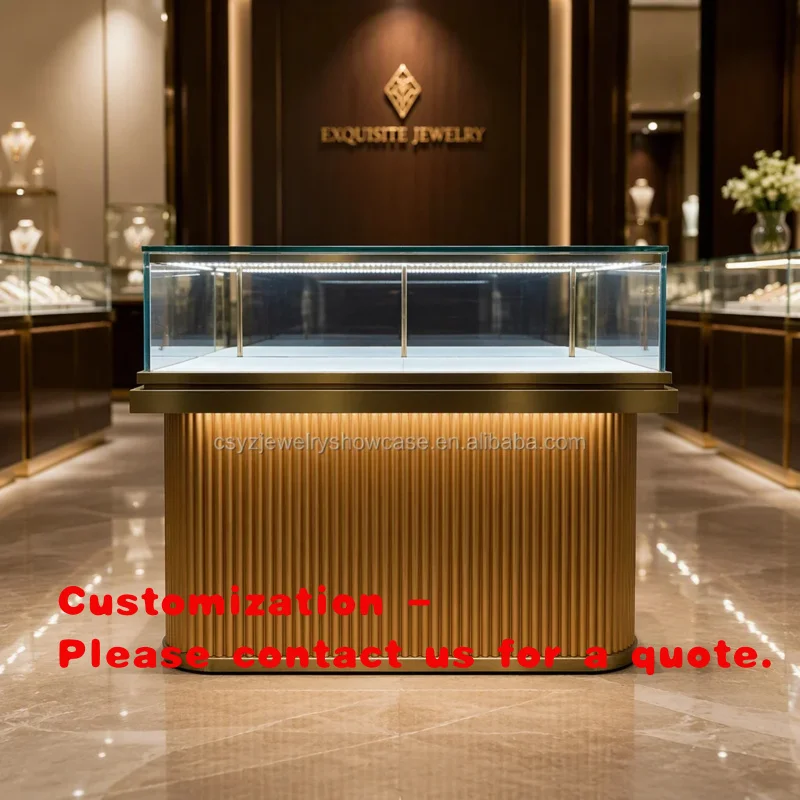 custom.Elegant Jewelry Glass Display LED Showcase Counter Custom Stainless Steel Jewelry Showroom Furniture Retail Heavy Du