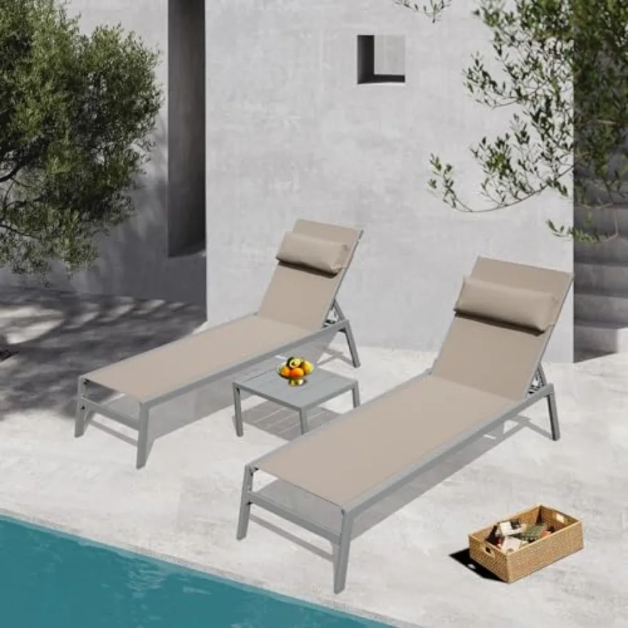Domi Patio Chaise Lounge Set of 3, Aluminum Pool Lounge Chairs with Side Table, Outdoor Adjustable Recliner All Weather for Poo