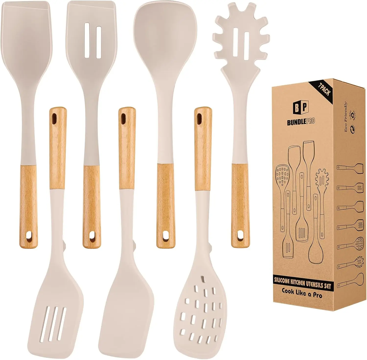 

Silicone Kitchen Utensil Set for Non Stick Cookware, 7 Pcs Heat Resistant Cooking Utensils with Wooden Handle, BPA Free