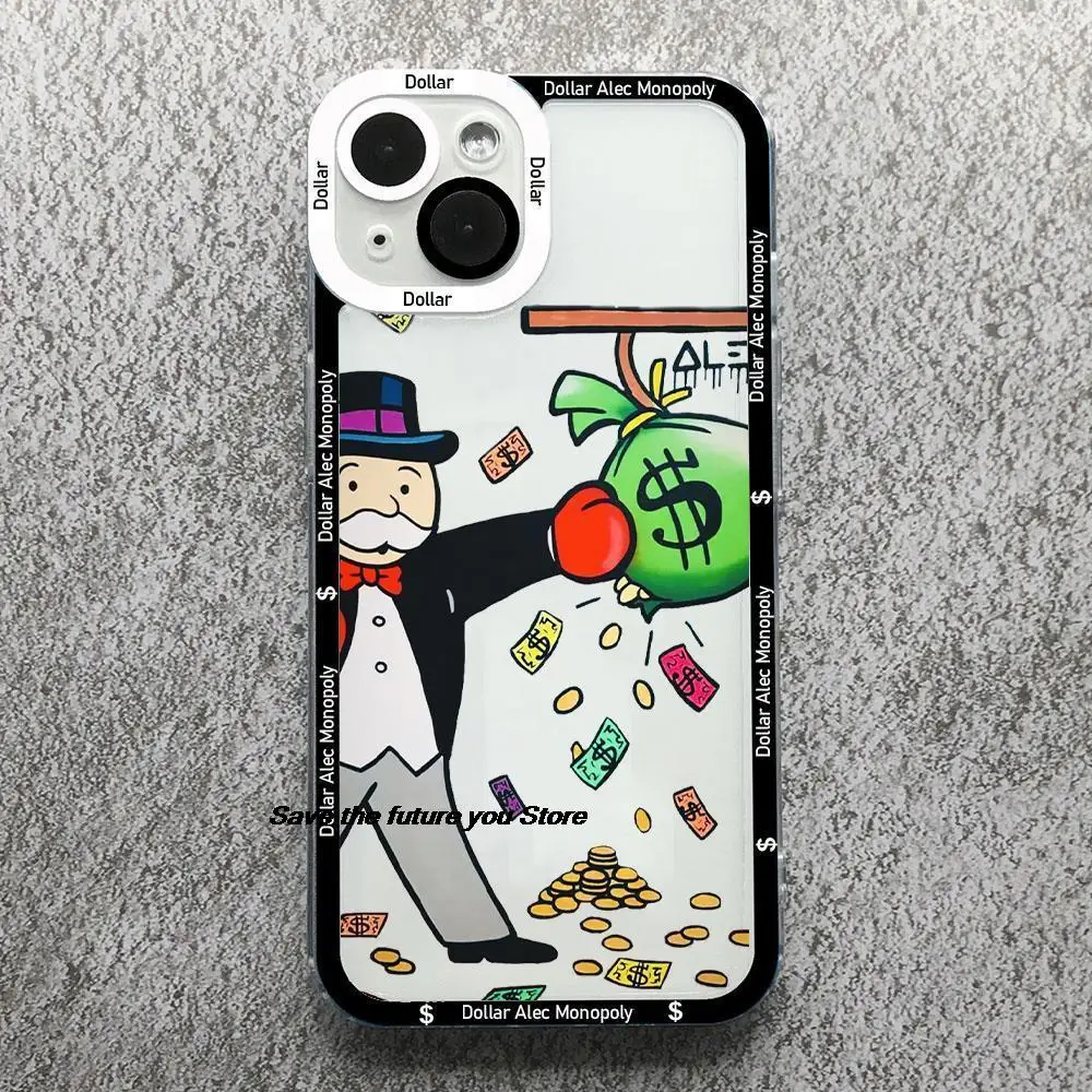 Trend Cartoon Dollar Alec Monopoly Phone Case For iPhone 13 12 11 14 15 Pro Max XSMAX X XR 14 15 PLUS Fashion Clear Soft Cover