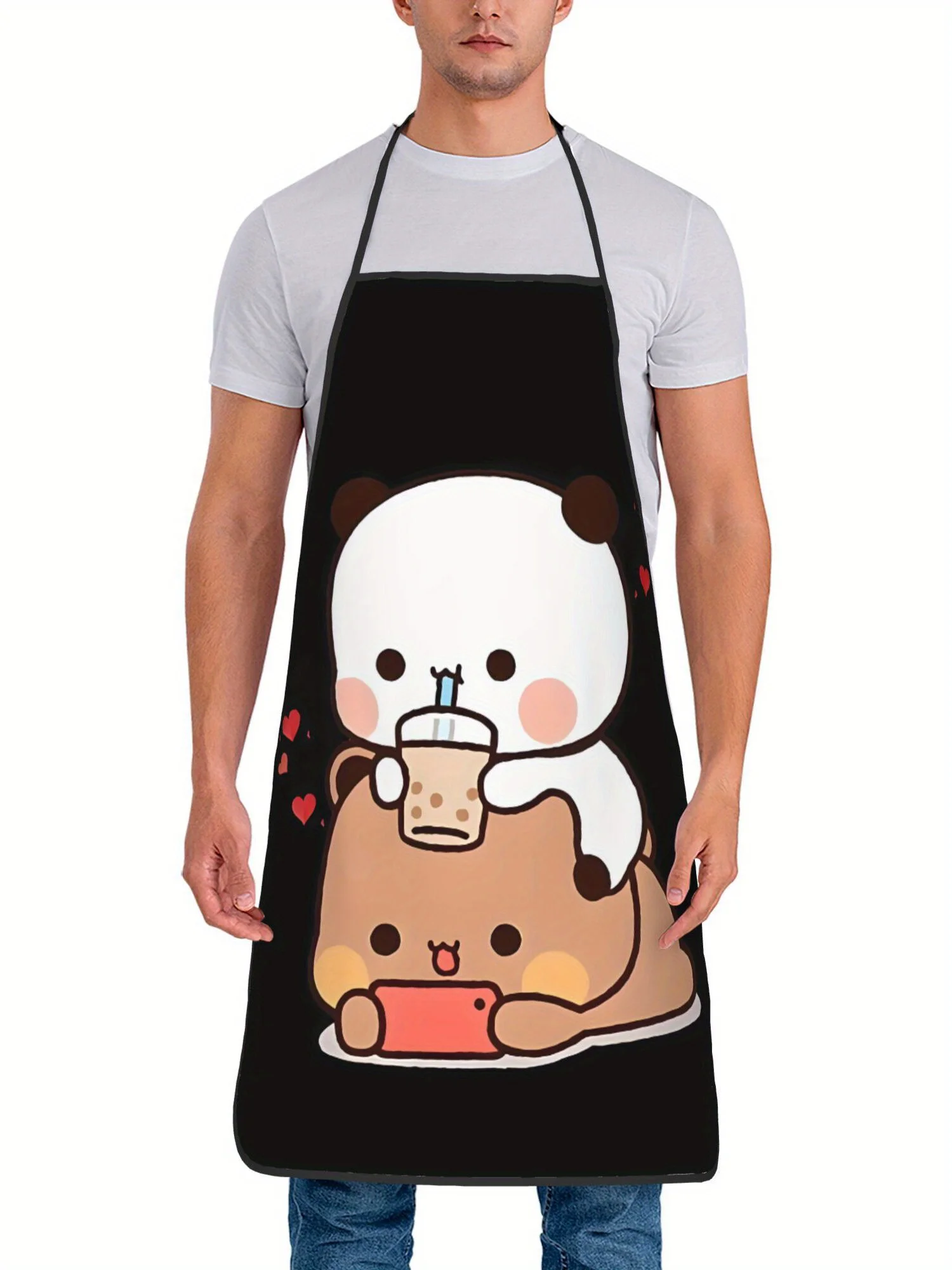 Cute Panda Bear Apron, Kawaii Cartoon Animal Drinking Milk Graphic Cooking Bib, Sweet Kitchen Decor, Gift for Girls