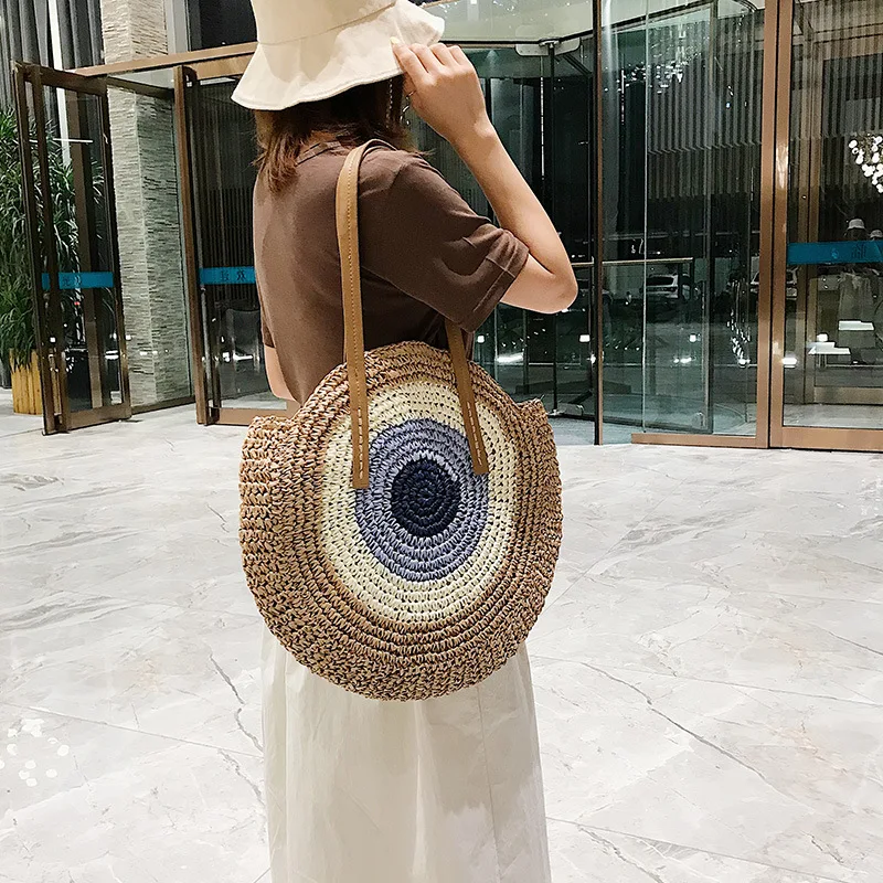 

Round Straw Bags Handmade Woven Summer Beach Round Straw Bags for Women Rattan Shoulder Female 2023 Message Handbag Totes