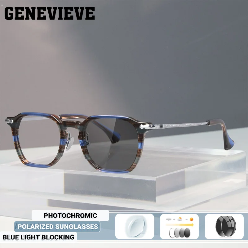 GENEVIEVE Vintage Pure Titanium Polarized Sunglasses Men Photochromic Anti Blue-ray Reading Glasses Customizable Prescription