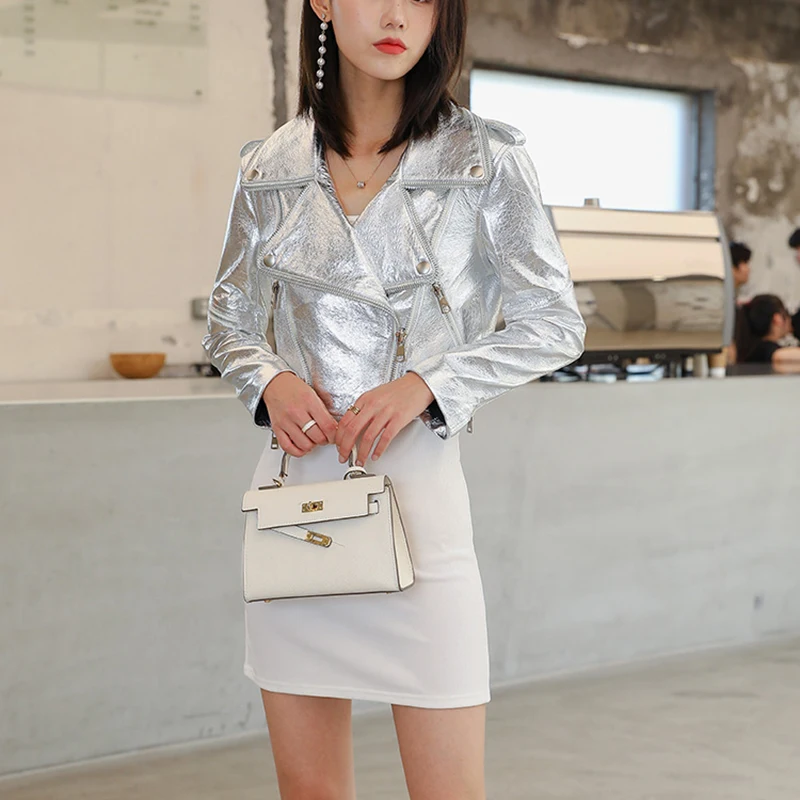 Genuine Leather Jacket Woman Autumn Fashion Sliver/White/Black Motorcycle Zippers High Waist Slim Super Short Sheepskin Overcoat