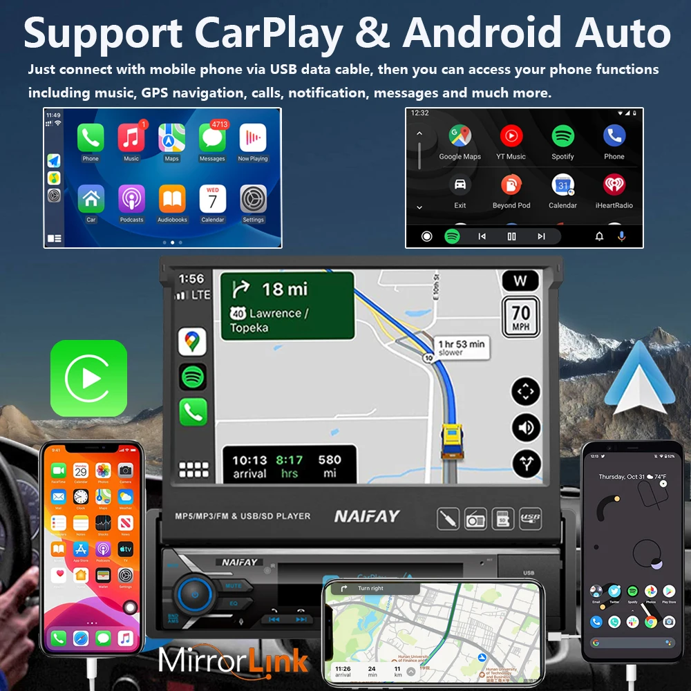 7 Inch Car Radio 1 Din Retractable Touchscreen Android Auto Carplay Car Video Player with Rear View Camera Bluetooth USB/AUX/TF