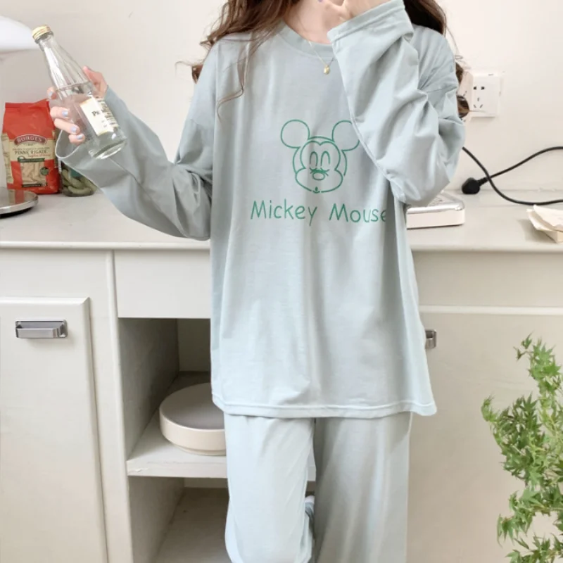 Pyjama Disney TureMouse pour femme, col rond, manches longues, pantalon, dessin animé, vêtements d'intérieur, automne, nouveau, 2 pièces