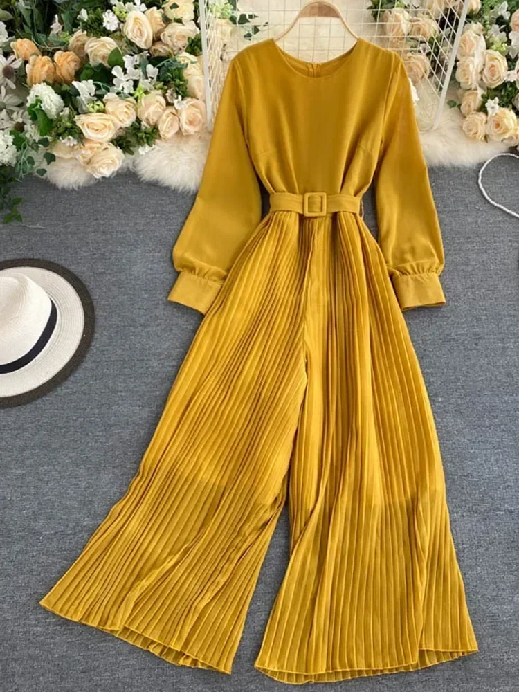 Spring Autumn Jumpsuit New Solid Color Round Neck Long-sleeved Pleated Wide-leg Pants Lace Up Thin Jumpsuit Women's