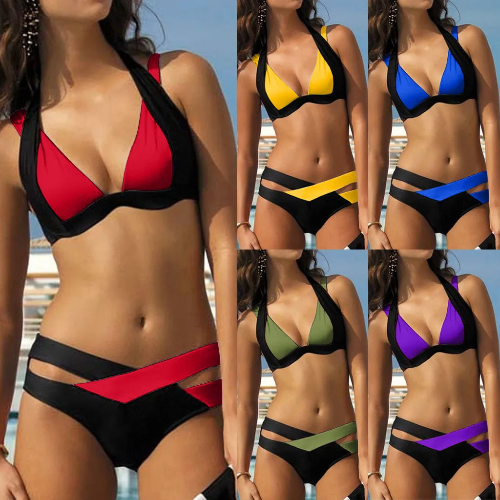 Bikini Set for Women Two Piece Swimsuit Mid-Waisted Wrapped Halter Tie Color Block Swimwear Summer Beach Bathing Suits 2023