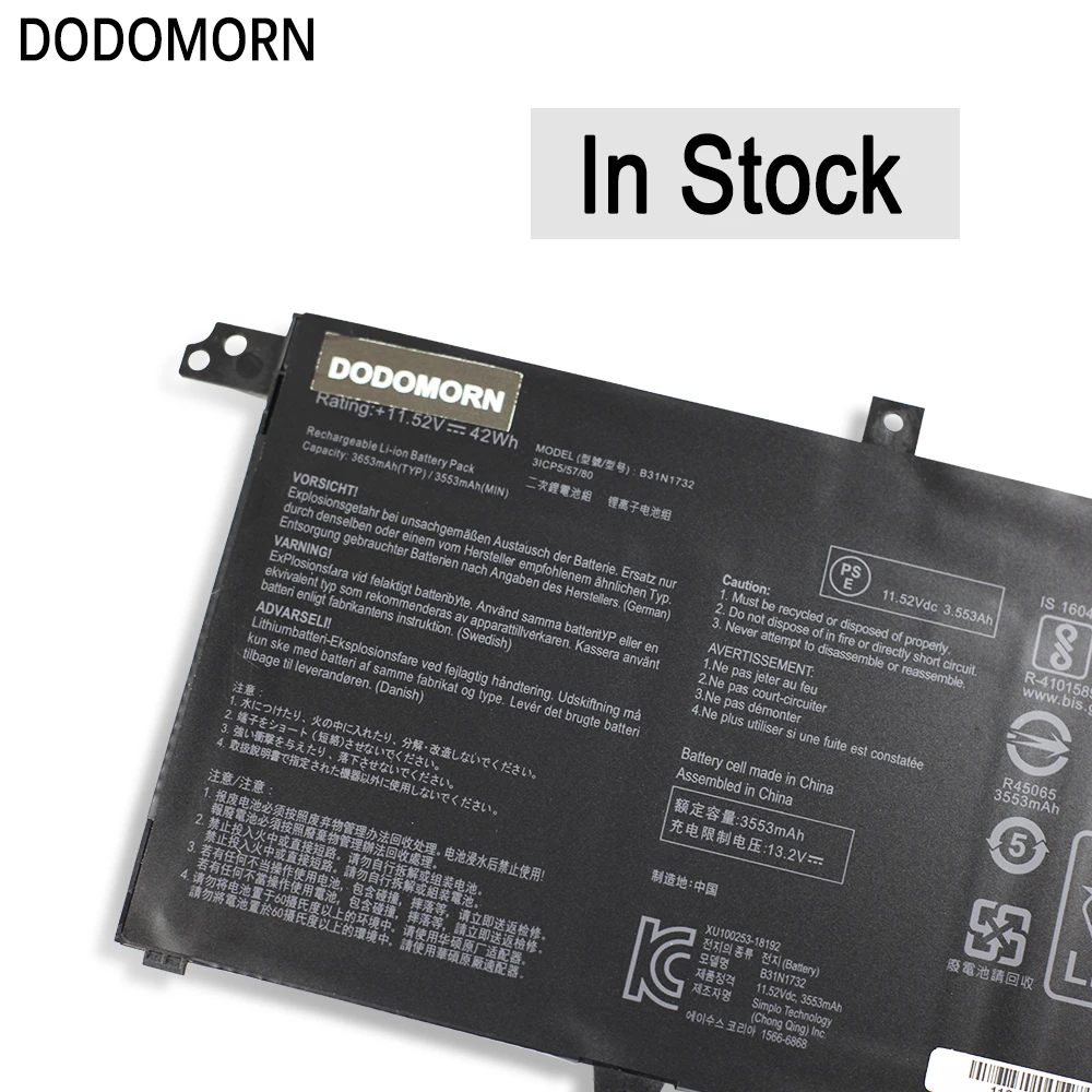 DODOMORN B31N1732 Bateria Do Portátil Para ASUS VivoBook X430FN X571G X571L F571G A571 K571 N571 RX571 S571 S14-S430FA/S430FN/S430UA