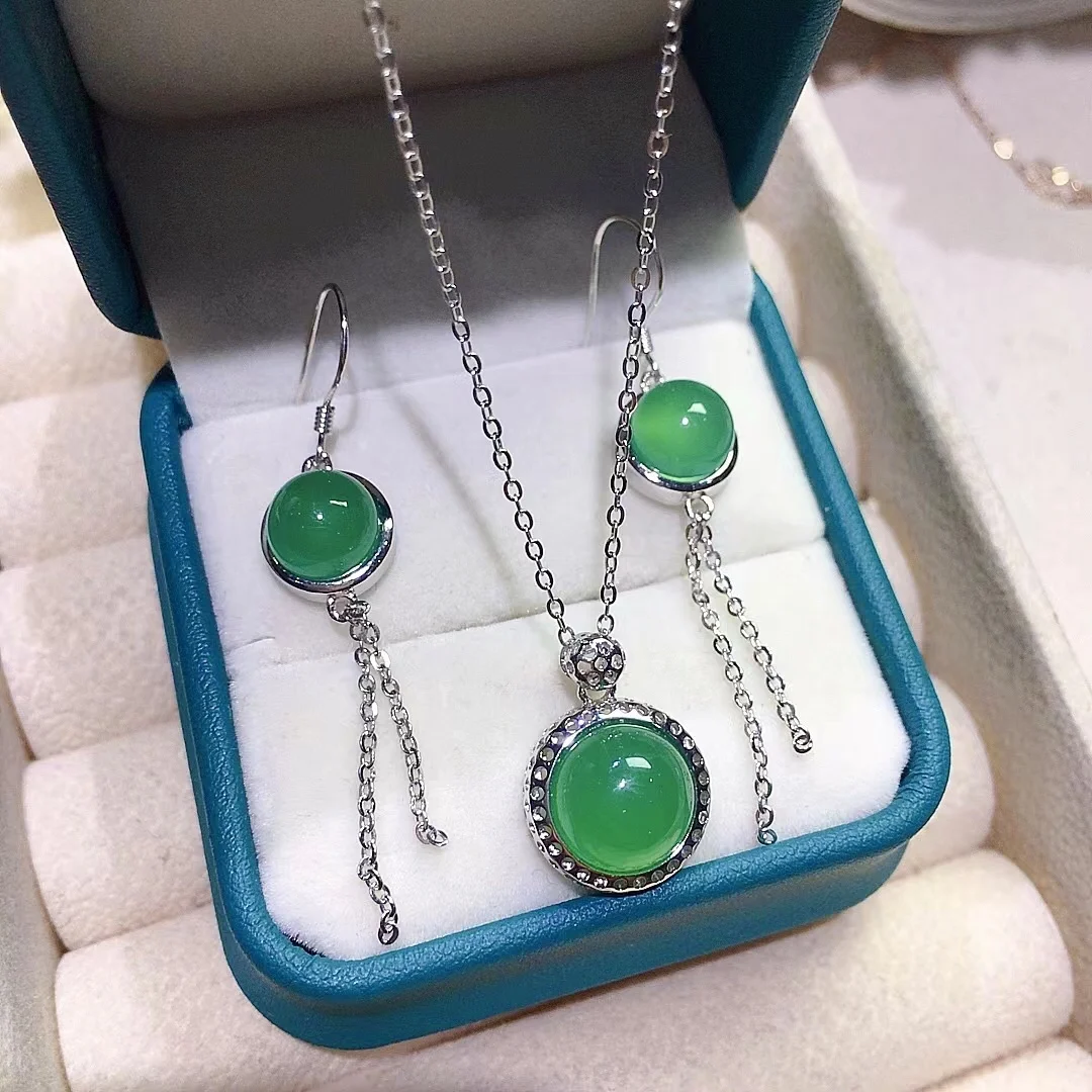 

Классический комплект ювелирных изделий из халцедона для вечеринки, 8 мм и 10 мм, всего 8 карат, кулон из натурального халцедона и серьги, ювелирные изделия из серебра 925 пробы