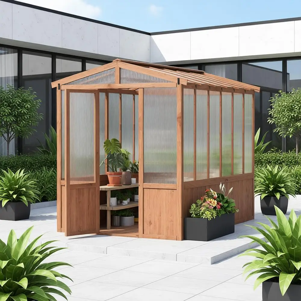 

6x10ft Outdoor Wooden Greenhouse with Roof Vent and Polycarbonate Cover