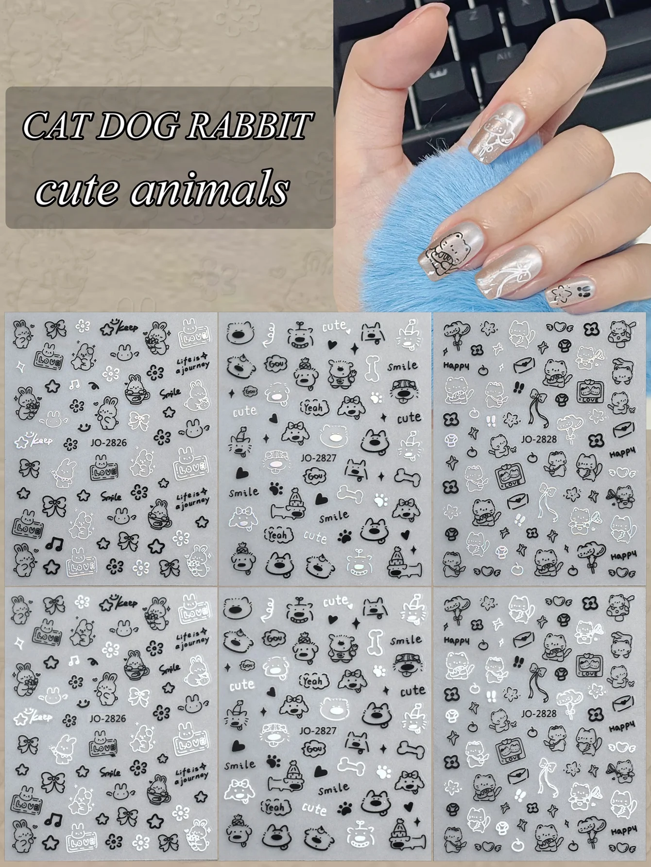3/6/12 hojas de pegatinas para uñas de animales, calcomanías de dibujos animados de gato, perro, conejo, decoración de manicura Kawaii, accesorios para decoración de uñas