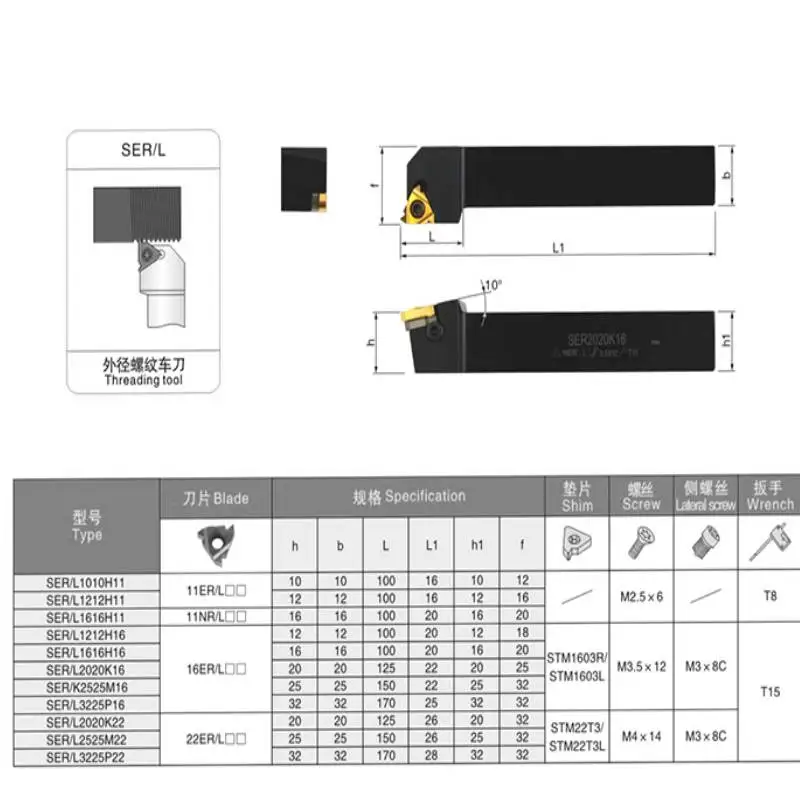 SER1010H11 SER1212H11 SER1212H16 SER1616H16 SER2020K16 SER2525M16 SEL1616H16 SEL2020K16 CNC External thread Turning tool rod