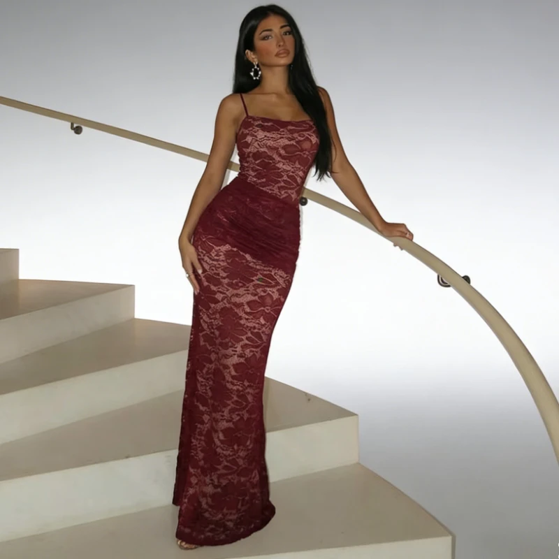 

Tsiisd Fashion Sexy Lace Spaghetti Long Dress Print Slim Patchwork High Waist Elegant Party Evening Dress Female Maxi Dress 2026