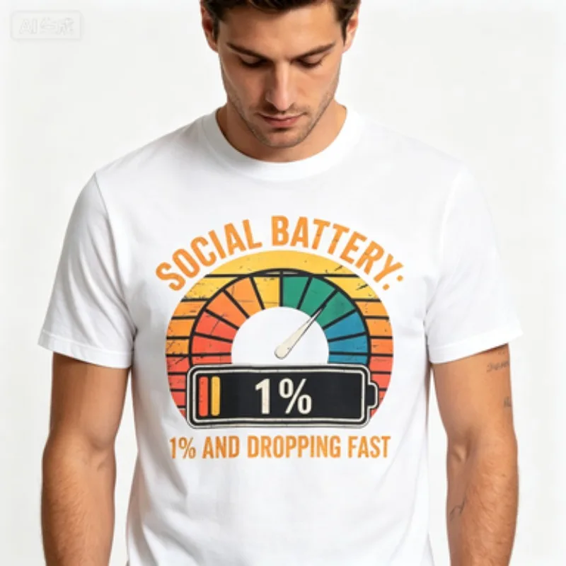 Men Round Neck Short Sleeve T-shirt Funny Social Battery 1% Print Tee Anti Social Introvert Casual Cotton Tops