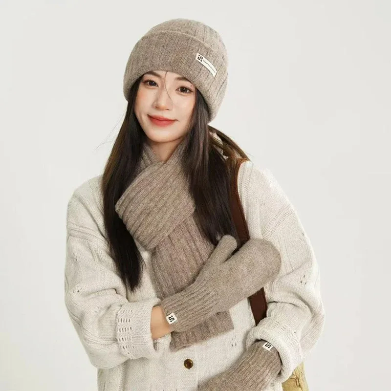 Knit Neck Scarf Gloves Caps Three Piece Set For Women&Men Winter Thicken Warm Beanies Hats Outdoor Coldproof Hat Scarf Glove Set