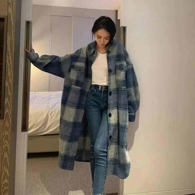 2023 Spring Autumn New Thin Mid-length Shirt Over the Knee Blue Plaid Coat Loose 300 Pounds Korean Version Temperament Commute