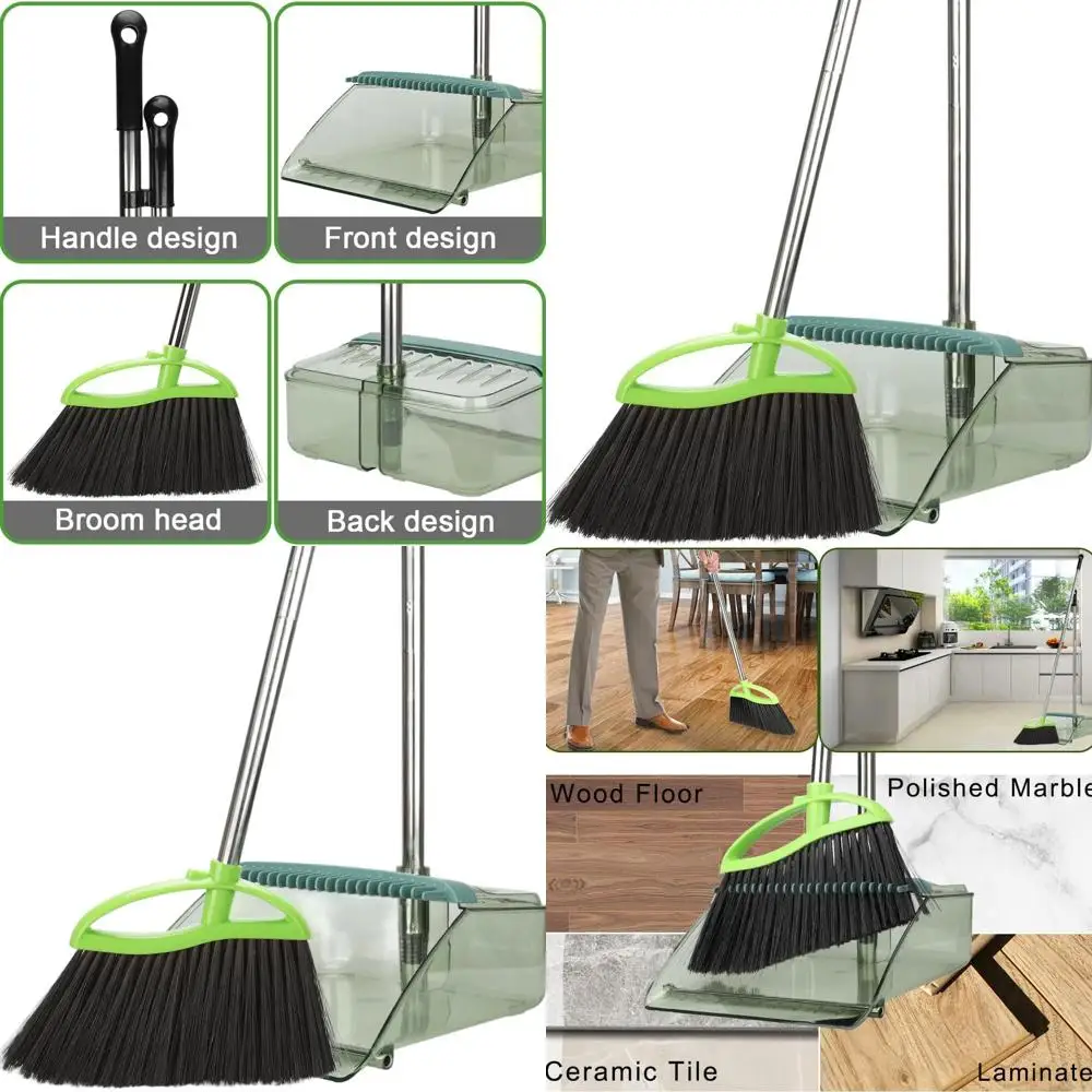 

Набор угловых метлы и совок с зеленой мягкой щетиной и длинной ручкой для уборки в помещении на деревянном полом