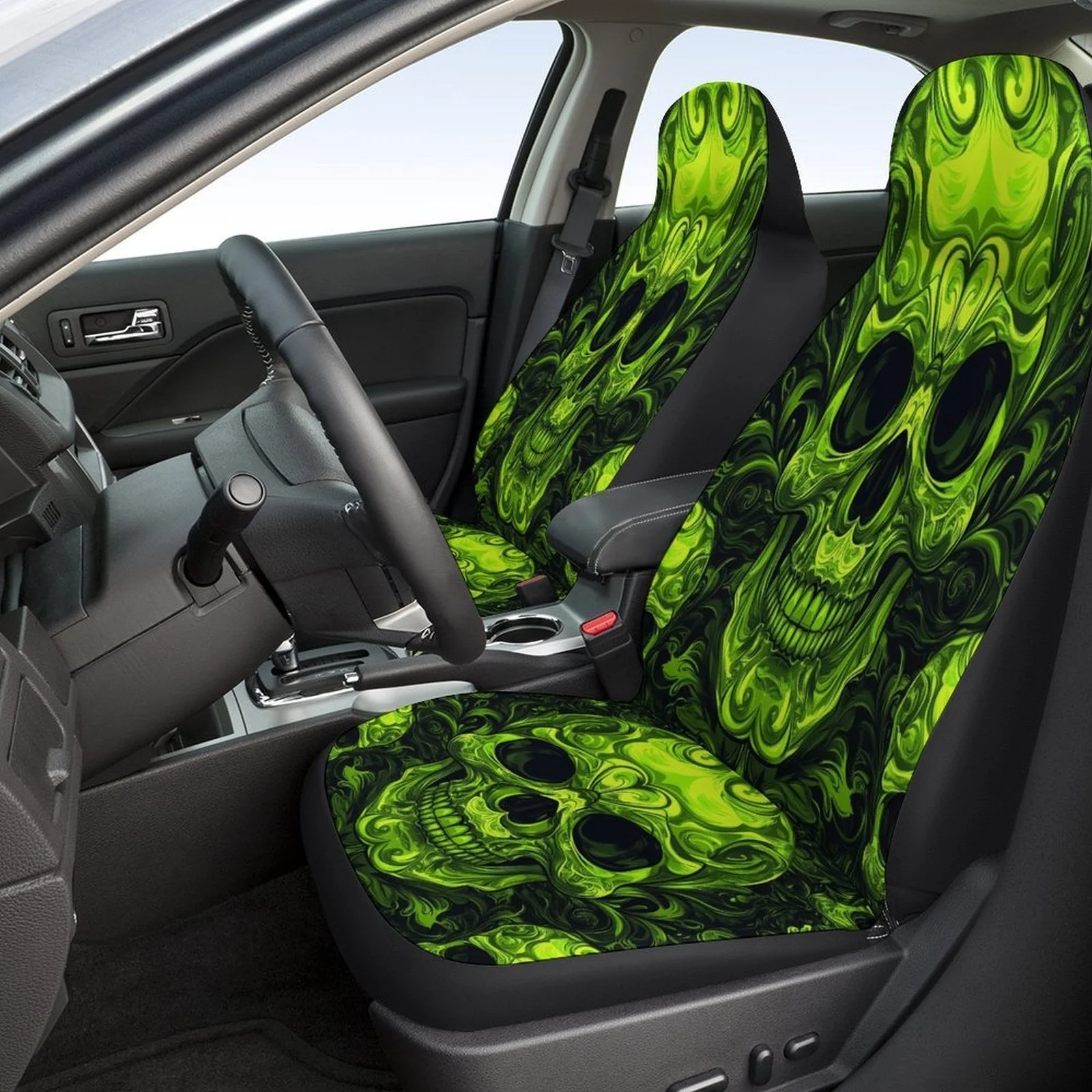 Psychedelic Green Skull Themed Car Seat Cover Set For Most Cars, Fashion Novelty Car Seat Protector Covers Full Set, Universal