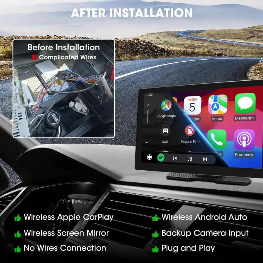 ستيريو سيارة لاسلكي CarPlay 9 بوصة لاسلكي أندرويد السيارات شاشة السيارة بلوتوث IPS عرض مرآة ربط نظام تحديد المواقع والملاحة