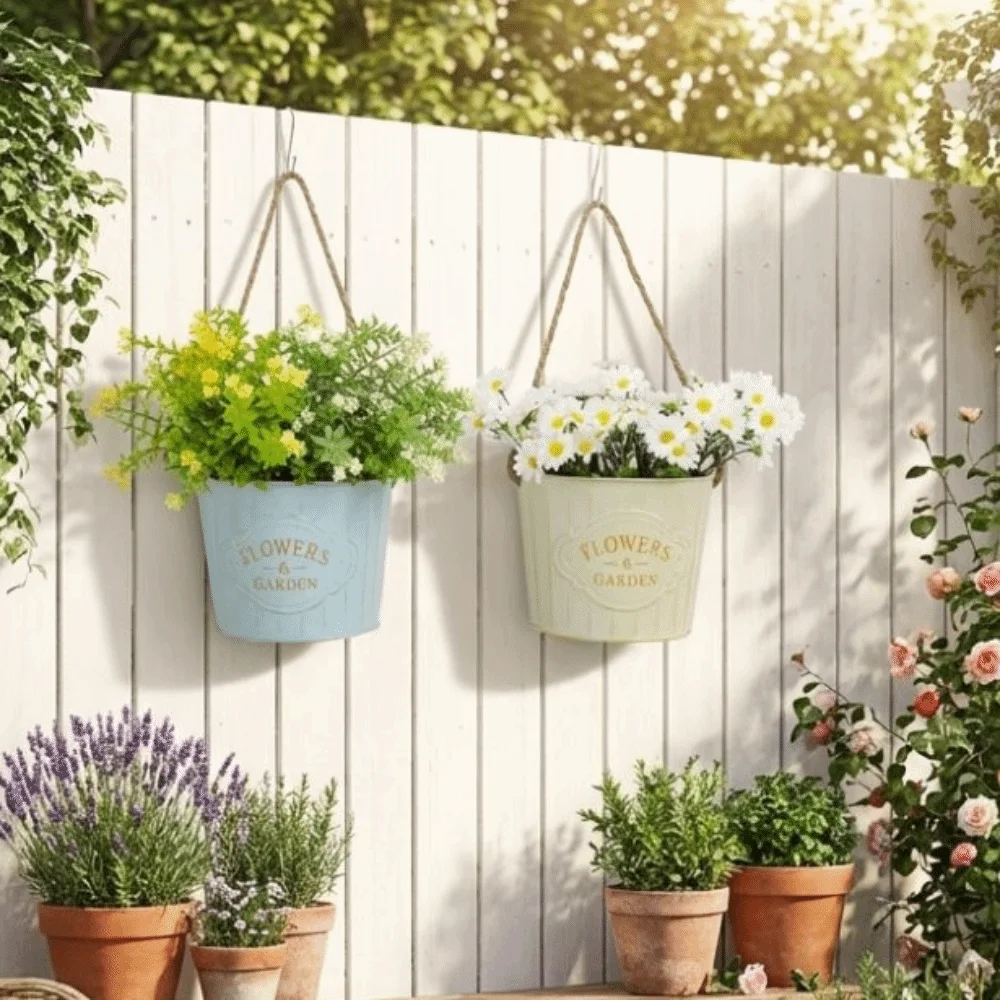 Semi Round Hanging Flower Pot Plant Bucket Retro Iron Art Wall Mounted Planter Wall Mounted Handmade Hanging Basket Courtyard