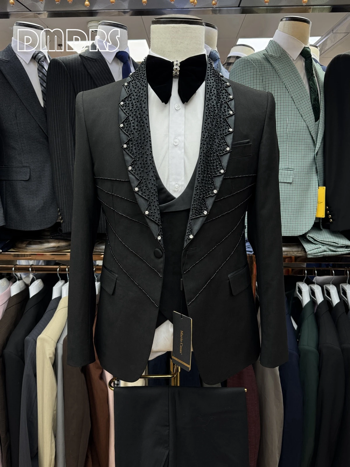 Black Pearls Luxury Men's Suit Set for Party Prom Haute Couture 3-Pieces Tuxedo Set for Men, Luxury Real Images Suits