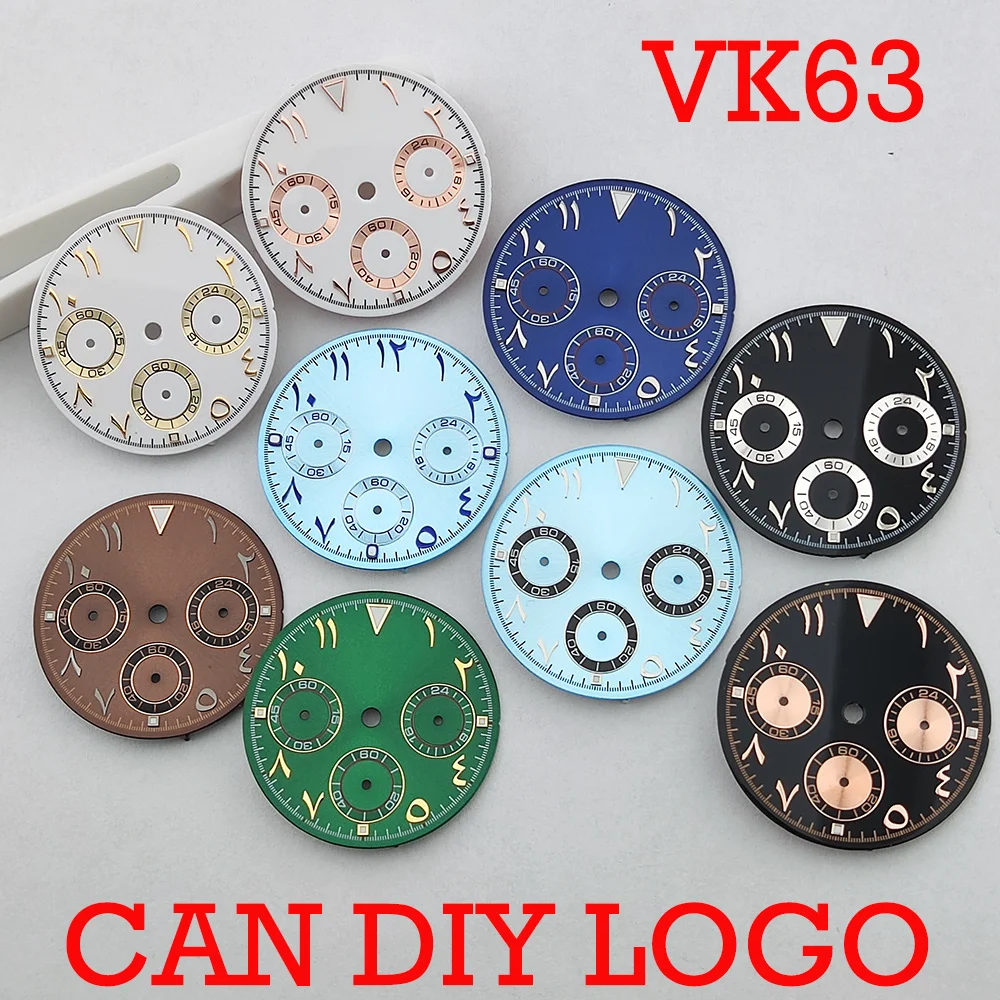 Esfera cronógrafo VK63 con números arábigos, logotipo personalizado, esfera de panda, esfera verde brillante de 29mm, compatible con movimiento de cuarzo VK63, accesorios para reloj