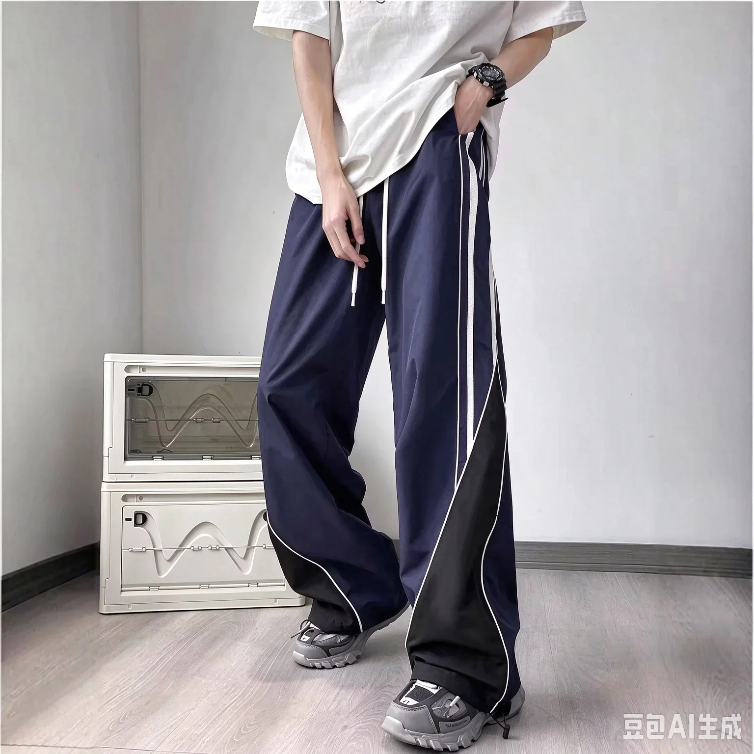 Heißer Verkauf Unisex gebogene weiße Seitenstreifen-Fallschirmhose mit weitem Bein, lockere Baggy-Hose für Herren, Hip-Hop-Streetwear, lässige Sporthose – Detail 9