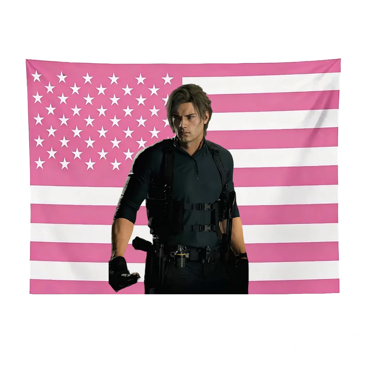 R-Resident E-Evil Leon Kennedy Pink US Flag Large Tapestry, Wall Tapestry for Bedroom Dorm Decor, Gift for RE Fans
