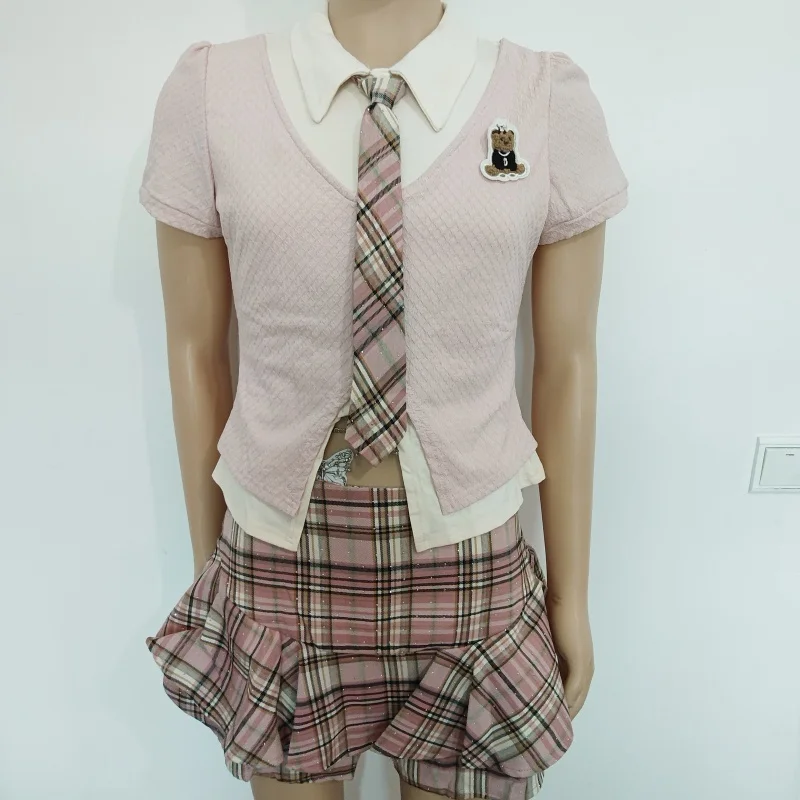 

College Style Fake two-piece Spliced Slim shirt Tops Plaid Ties Mini Plaid Skirt Sets Role Play Plus Size JK Uniform Kawaii