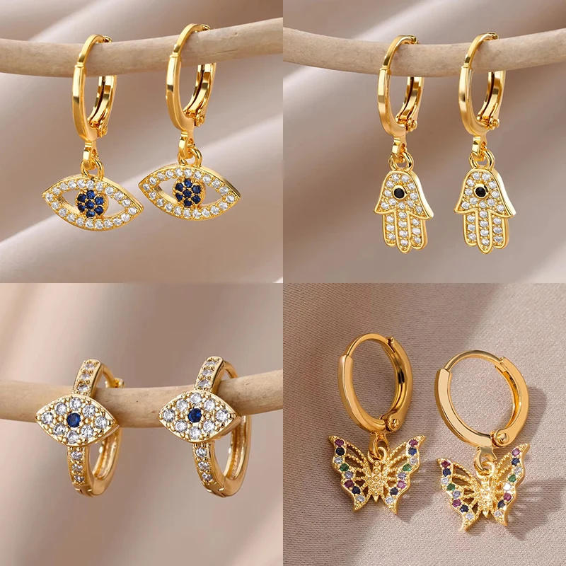 New in Zircon Evil Eye Earrings For Women Gold Color Stainelss Steel Earring Wedding Aesthetic Vintage Jewelry Gift brincos