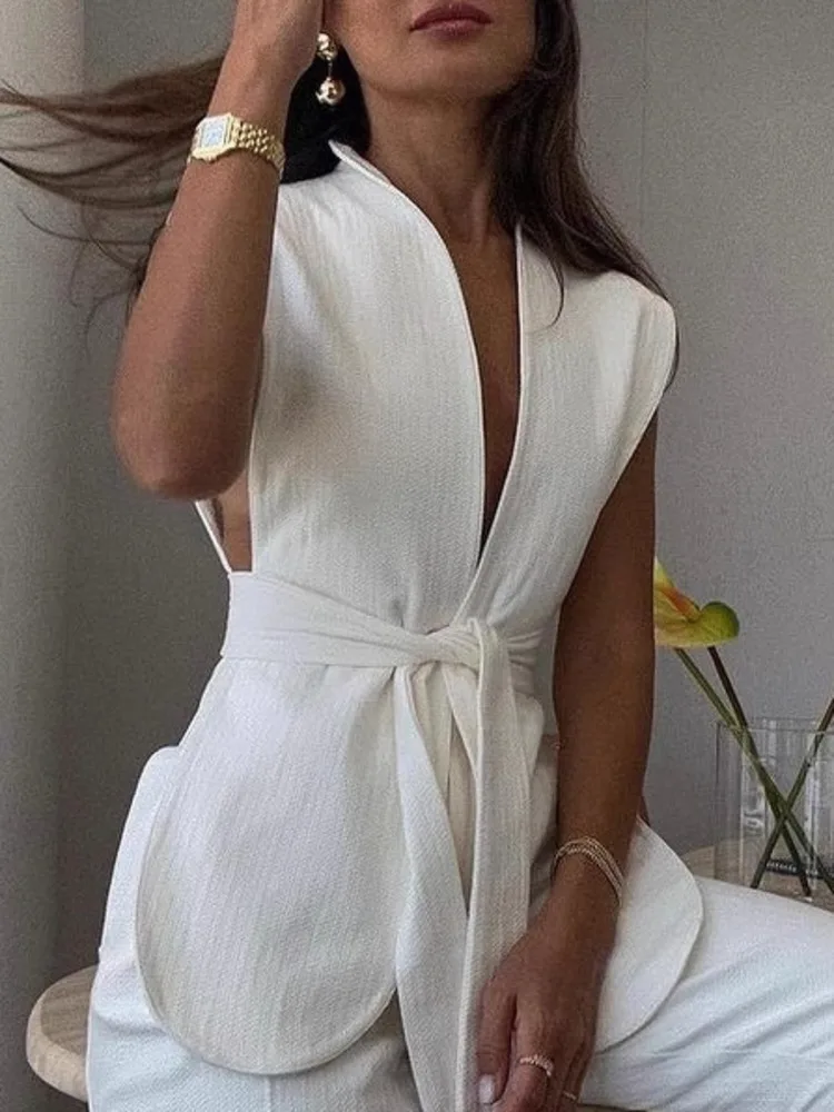 ZMEENNA Gilet bianco con scollo a V profondo da donna con vita legata e design senza maniche elegante e chic casual per l'estate ZM3798