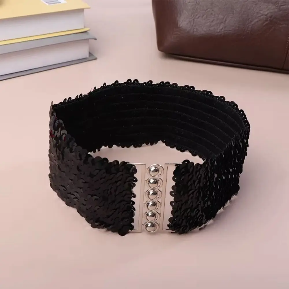Sparkling Sequined Wide Corset Belt Metal Buckle Wide Elastic Waist Corset Belts Corset Belt Decorative Sequin Elastic Wide Belt