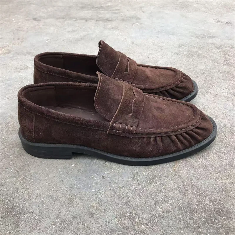Brand New Retro Flat Shoes, Made of Pure Handmade Calf Leather, Suede Leather, Women's Loafers with Rubber Soles, One Step at a