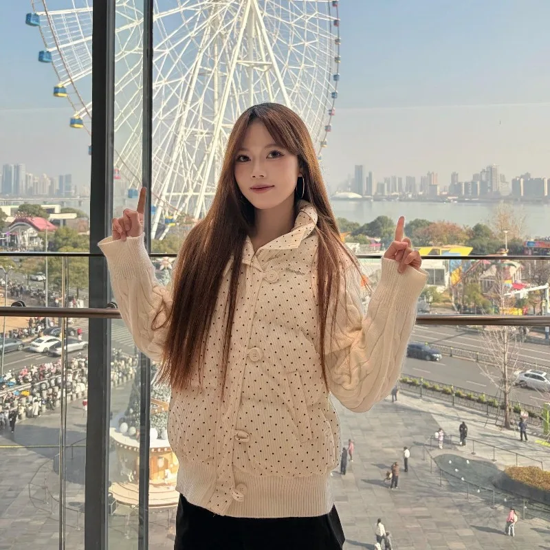 Polka Dot Stand-up Collar Age-reducing Design Sense Twist Knitted Sleeves Splicing Loose Cotton  Jacket Women's Bread Clothes